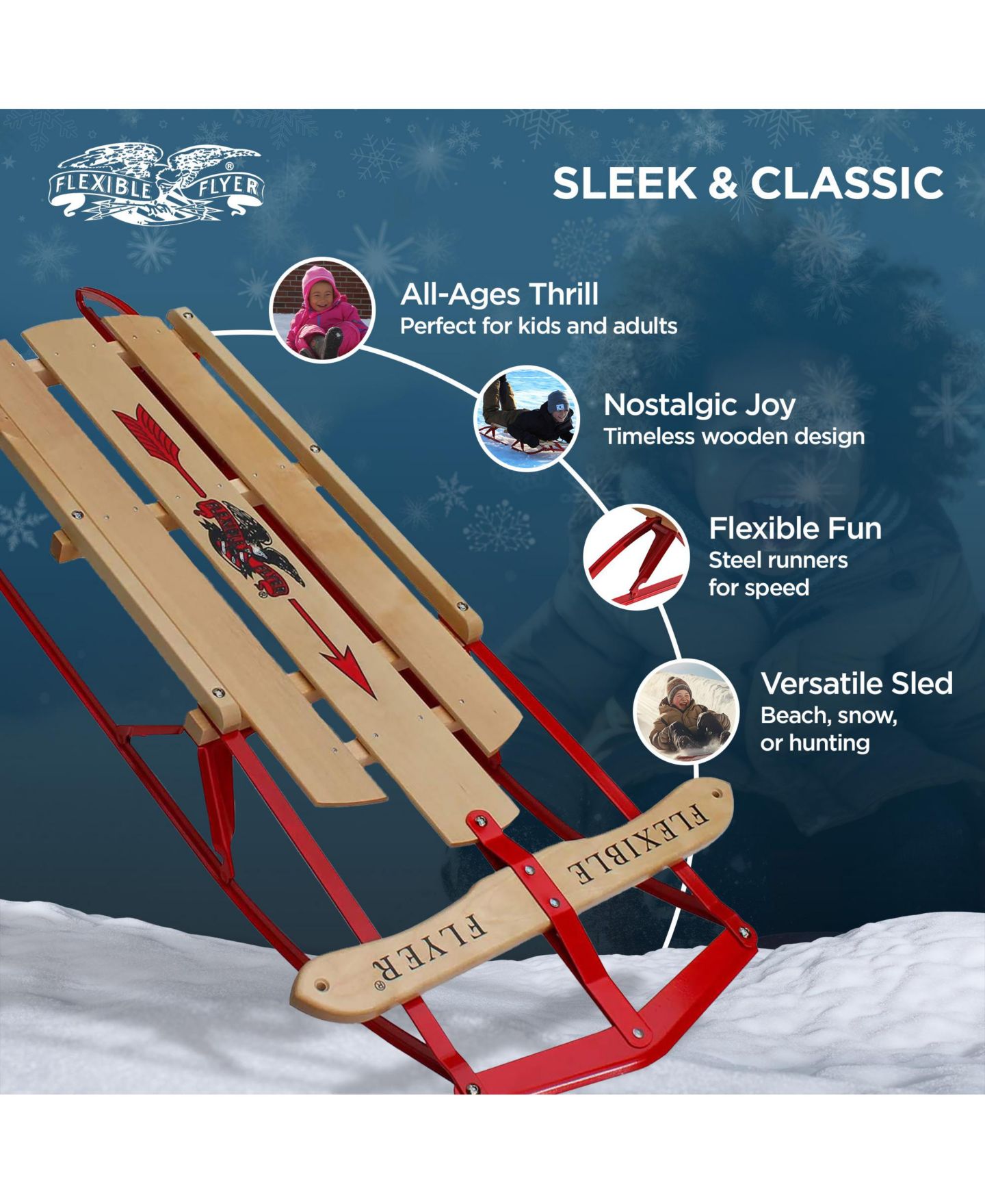 Детская игрушка Flexible Flyer Metal Runner Steel & Wood 48" Long Sled with Steering Bar, Seats One Adult or Two Children, Ages 5+ — фото 2