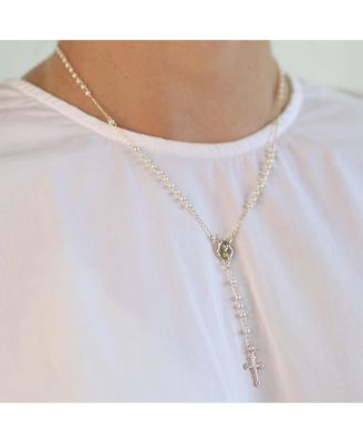 Dainty Religious Guardian Angel Rosary Necklace with White Simulated Pearls Gold Plated Brass