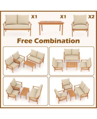 Set of 4 Patio Acacia Wood Furniture Set w/ Soft Cushions & Coffee Table