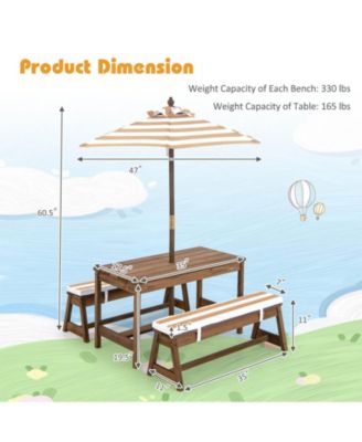 Kids Picnic Table and Bench Set with Cushions and Height Adjustable Umbrella