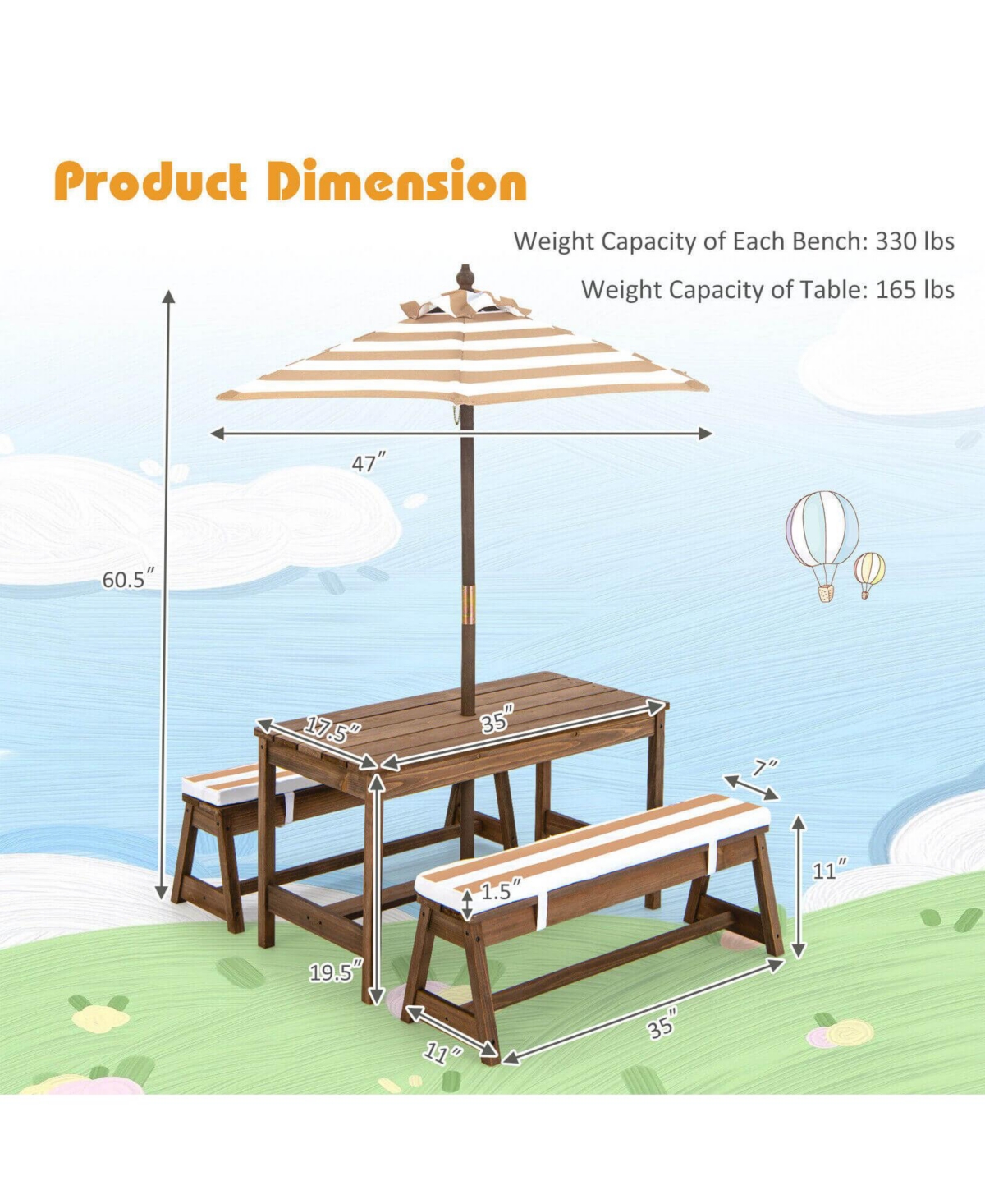 Kids Picnic Table and Bench Set with Cushions and Height Adjustable Umbrella