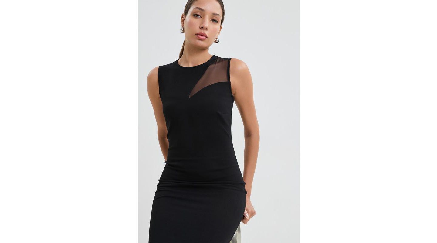 Женское платье Marcella Bryant Round-Neck Mesh-Shoulder Sleeveless Back-Slit Midi, цвет: Чёрный — фото 6
