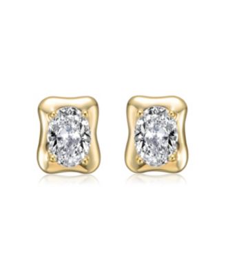 Sterling Silver 14K Gold Plated with Clear Cubic Zirconia Wavey Square Stud Earrings