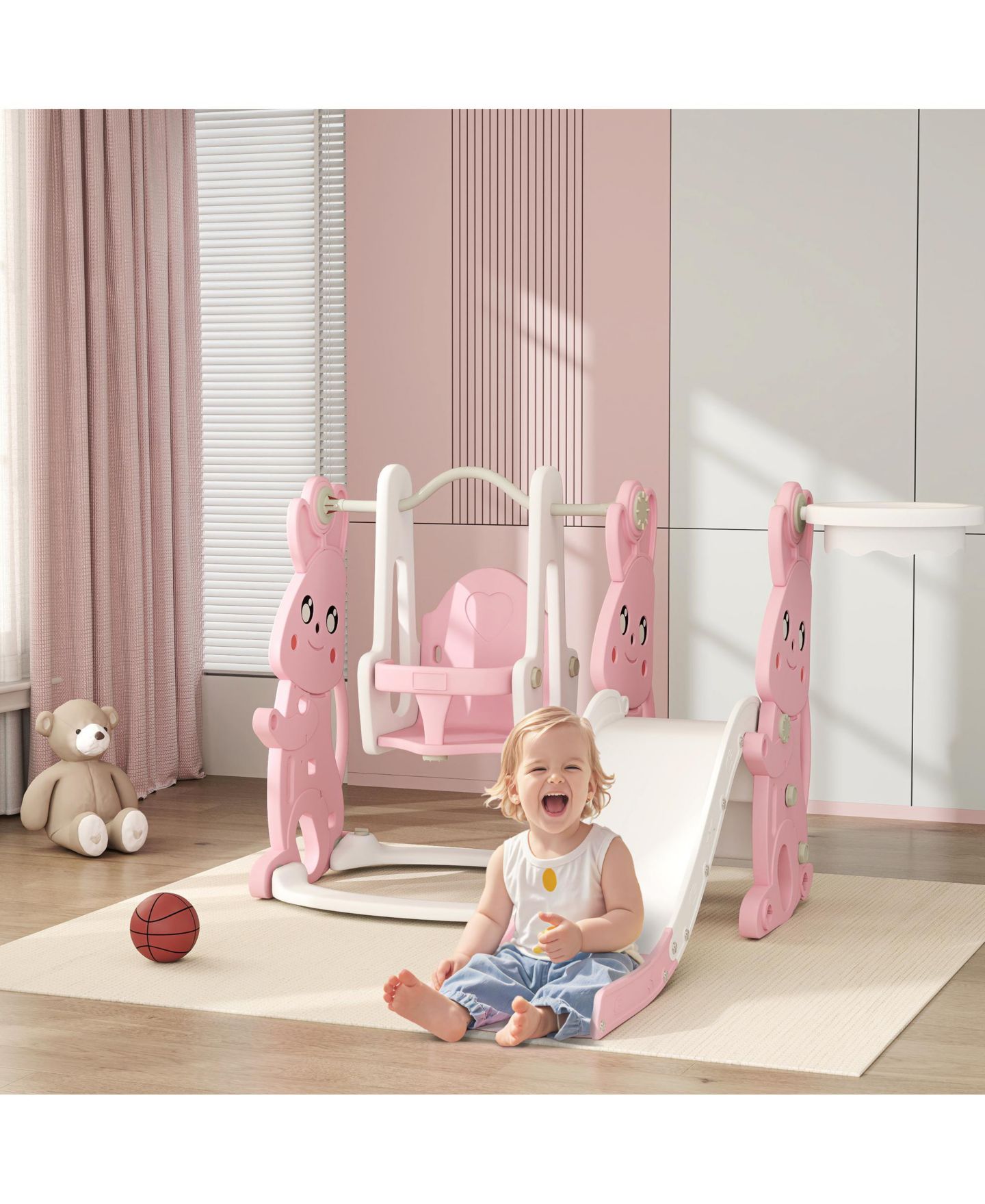 Детские игрушки Qaba 4-in-1 Toddler Slide and Swing Set with Climber and Basketball Hoop, Ages 18 Months+, цвет: Розовый — фото 2