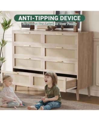 8 Drawer Rattan Dresser, 47.2" x 15.7" x 37" Rattan Chest of Dressers, Mid Century Modern Dresser for Closet with Handles, Large Table Top, Dresser Bedroom, Living Room, Hallway, Entryway