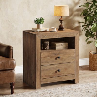 Farmhouse NightStand with 2 Drawers Storage, Mid-Century Retro End Table, Wide Bedside Night Stand