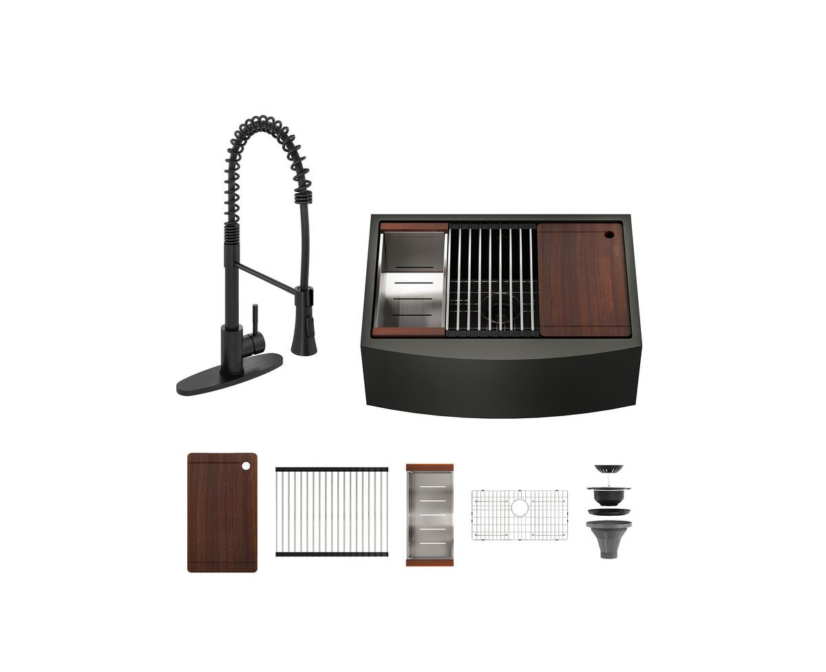 33" L x 22" W Farmhouse Stainless Steel Kitchen Sink with Faucet Included - Gunmetal black