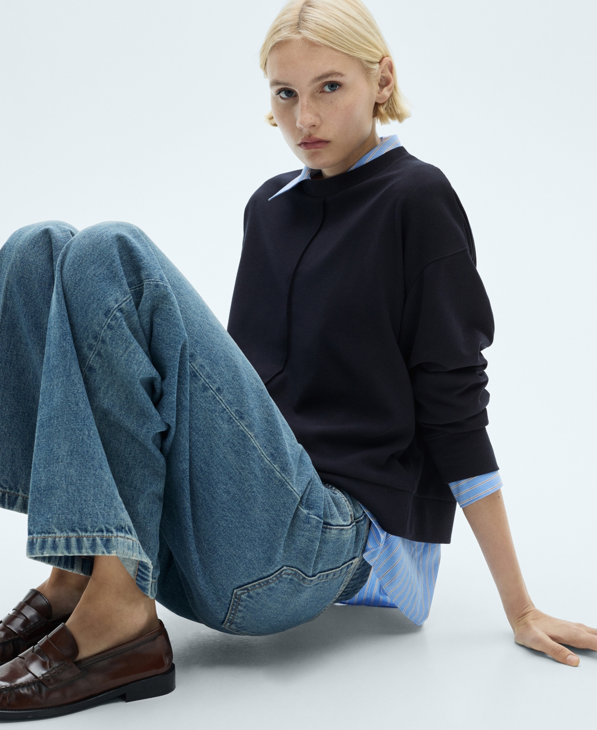 Shop Mango Women's Stitching Detail Crew Neck Sweatshirt In Dark Navy