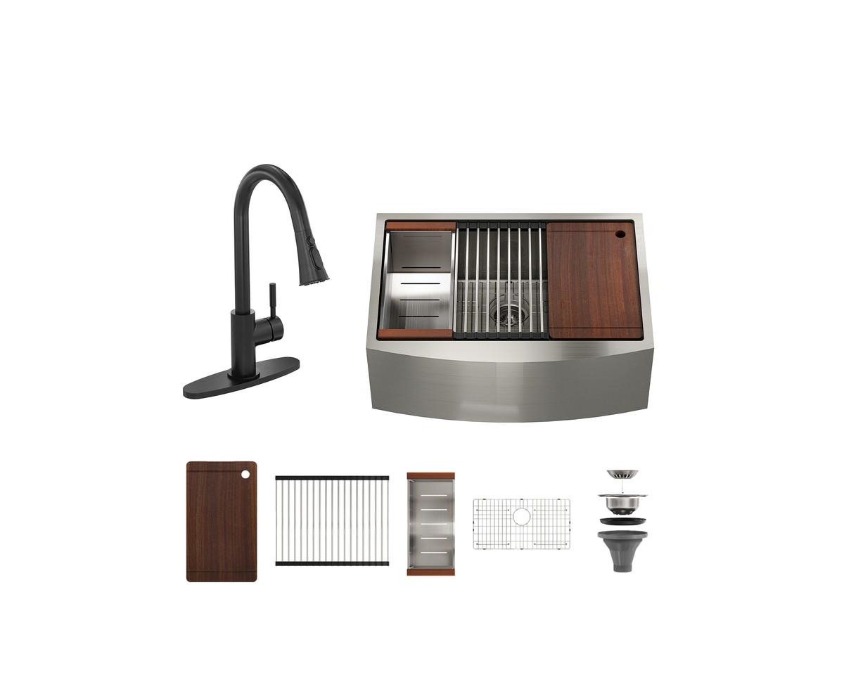 33" L x 22" W Farmhouse Stainless Steel Kitchen Sink with Faucet Included - Stainless steel