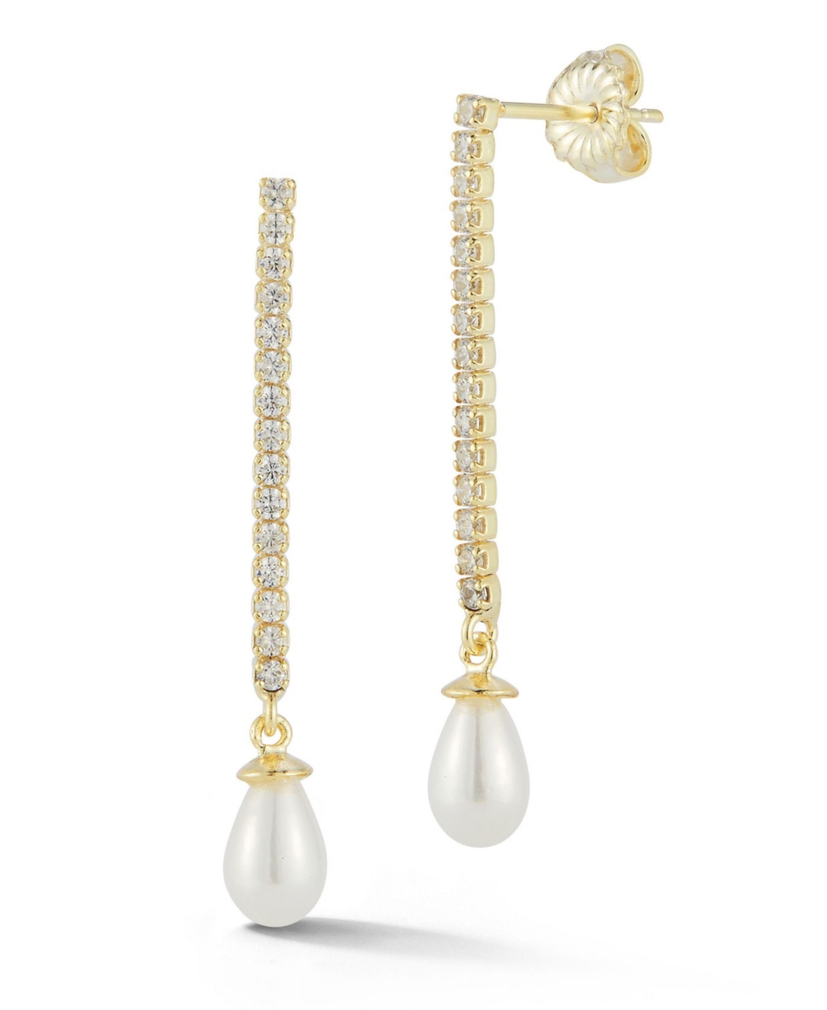 14K Gold Plated Sterling Silver Pearl Tennis Drop Earrings - Gold