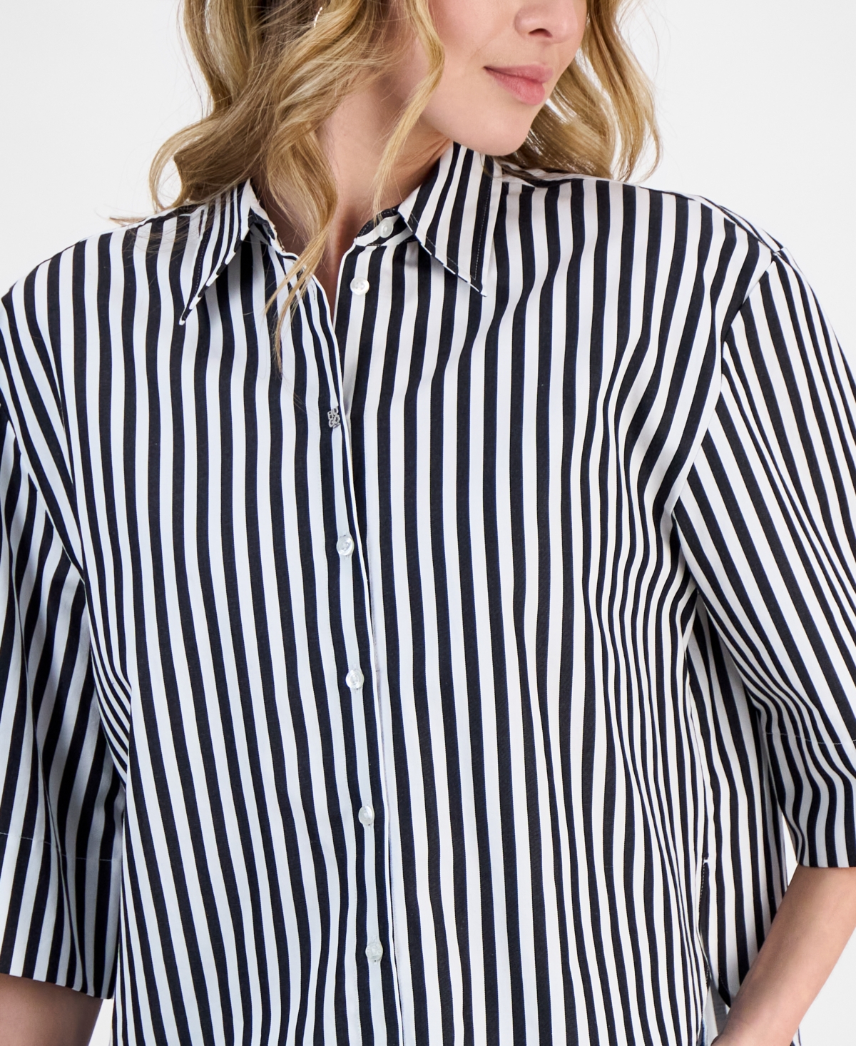 Hugo Boss Women's Striped Cotton Elbow-sleeve Button-front Shirt In Open
