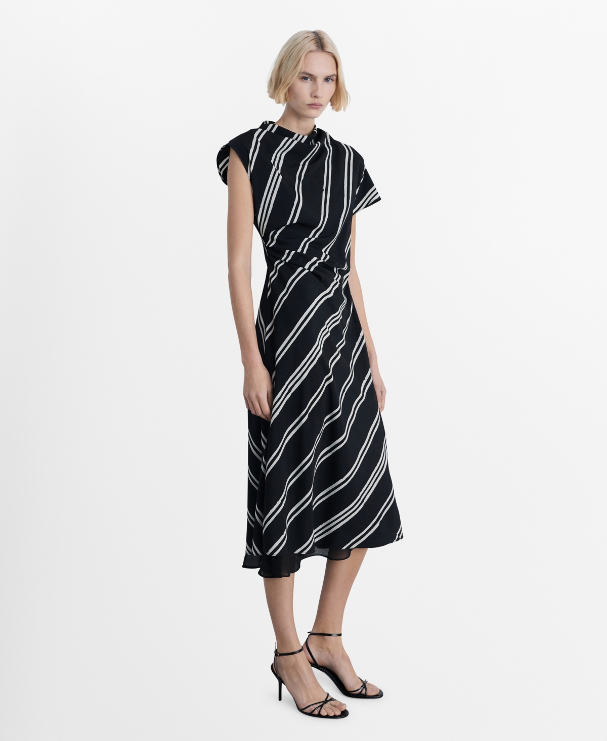 Mango Stripe Asymmetric Sleeve Midi Dress In Black