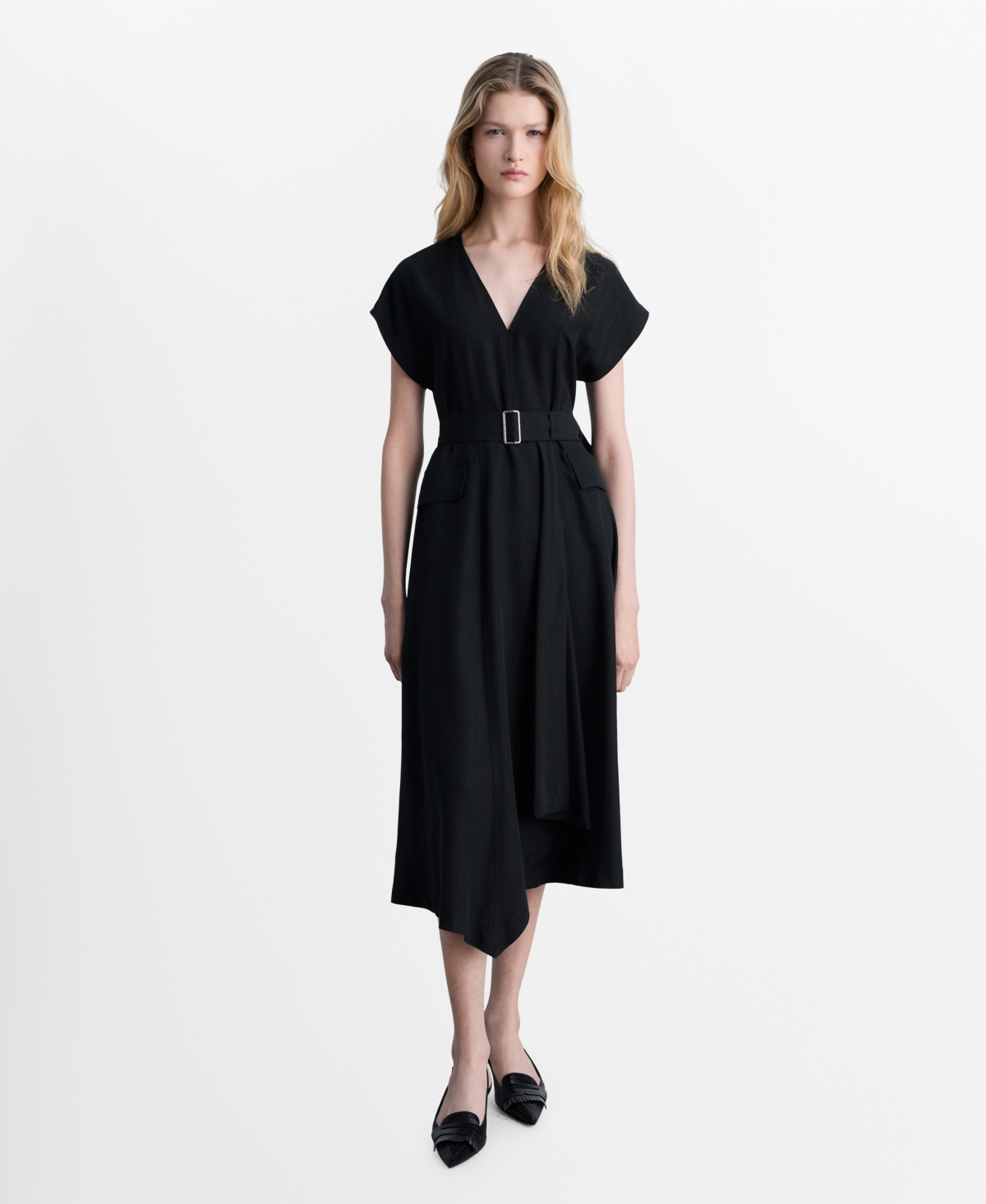 Mango Asymmetrical Dress With Belt Black In Black