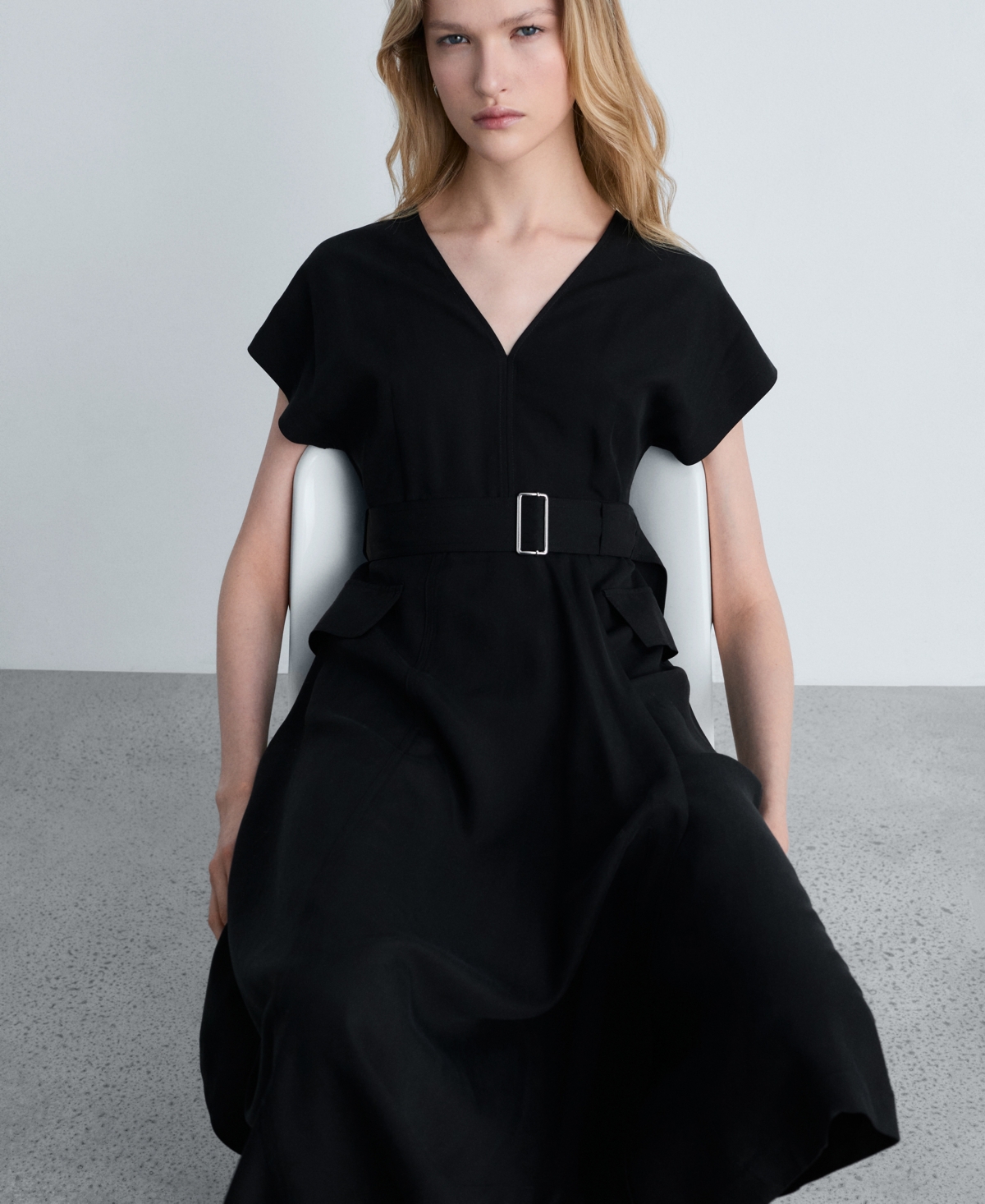 Mango Asymmetrical Dress With Belt Black In Black