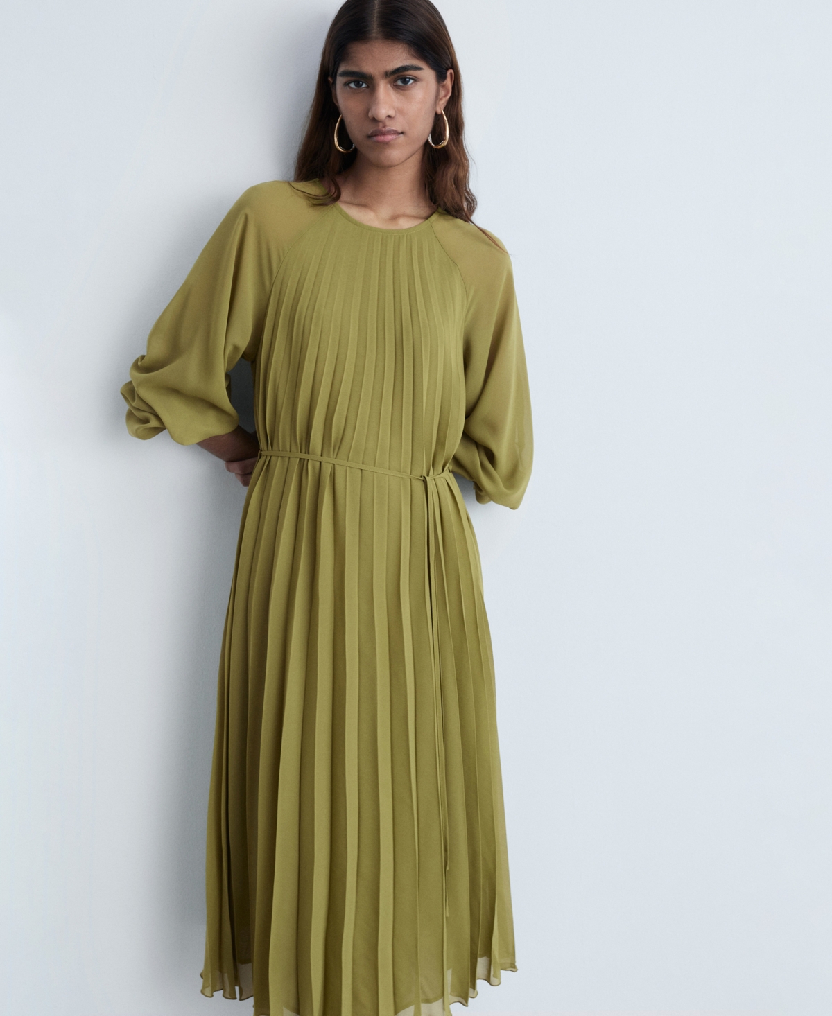 MANGO WOMEN'S BOW BELT PLEATED DRESS