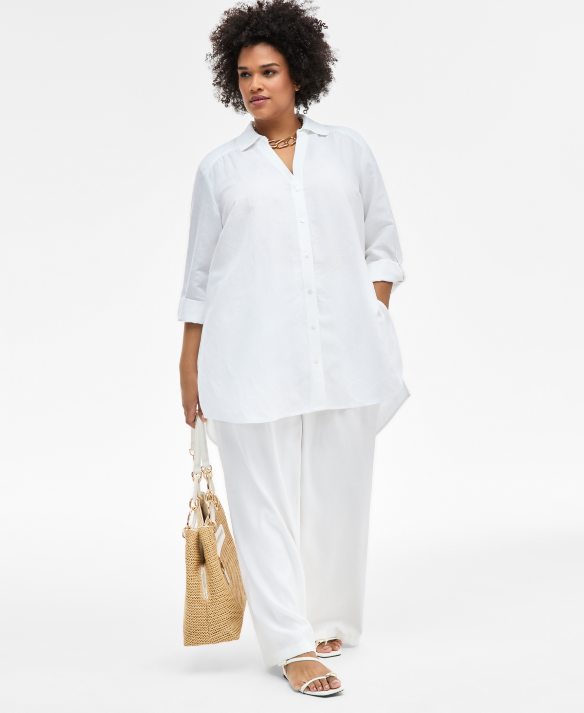 Inc International Concepts Plus Size Linen-blend Tunic, Exclusively At Macy's In Bright White