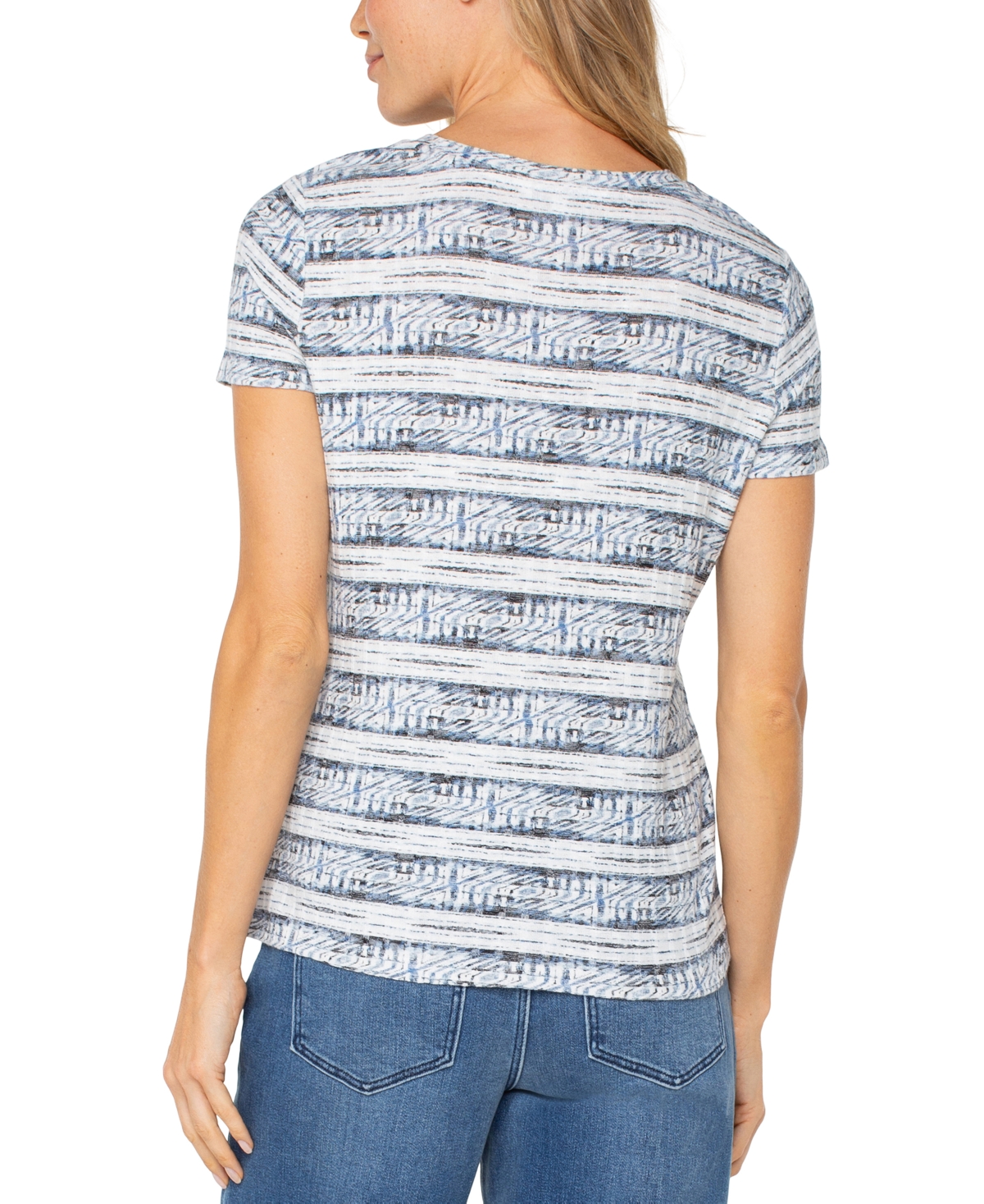 Liverpool Los Angeles Liverpool Plus Size Ikat-print Mitered Knit Short-sleeve Top In Indigo Ikat Stripe