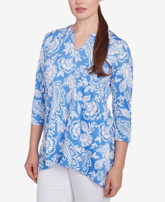 Petite Jacobean Paisley Puff Print V-Neck Top