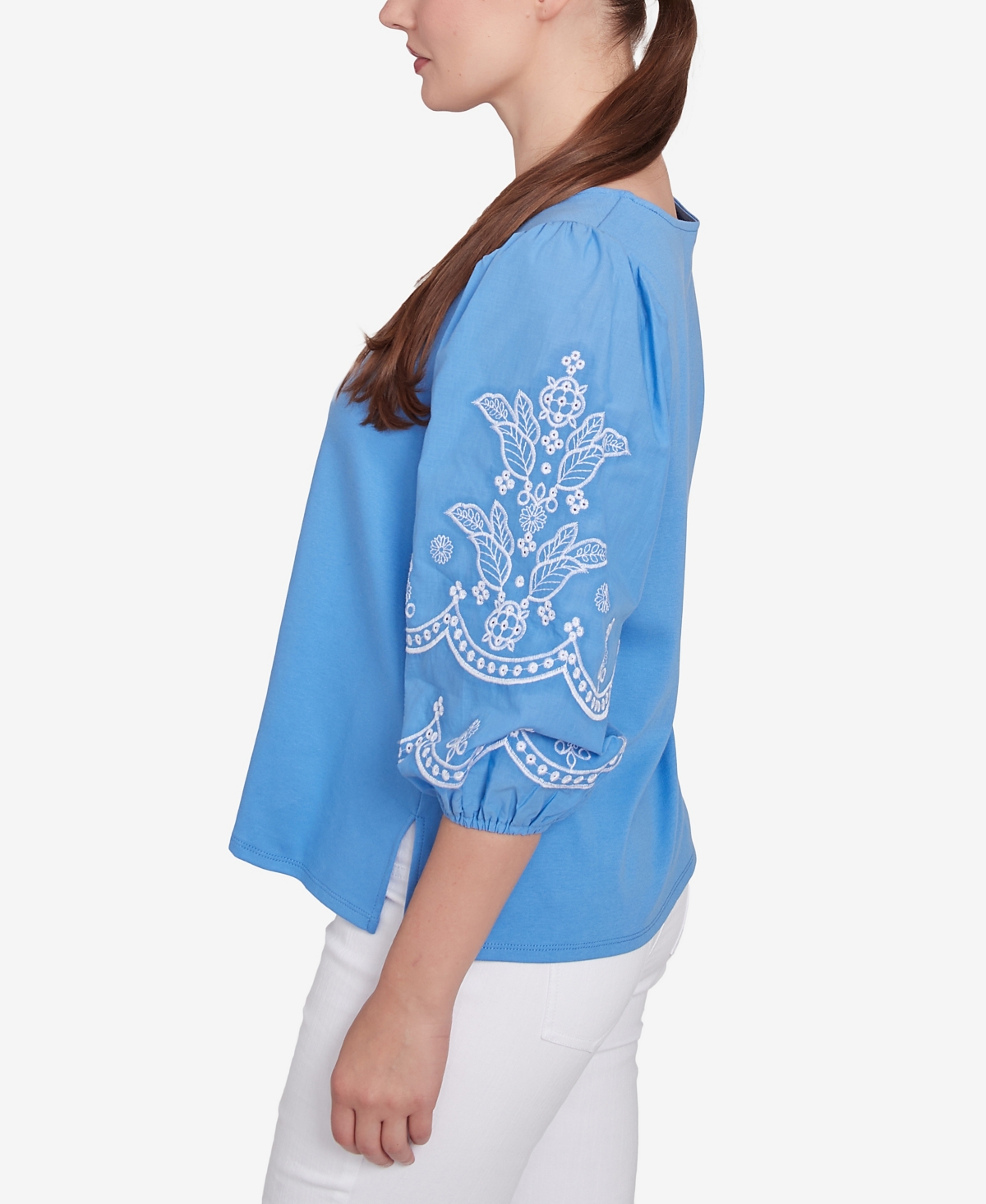 Ruby Rd. Petite Bella Blue Embroidered Three Quarter Sleeve Top In Blue Bird