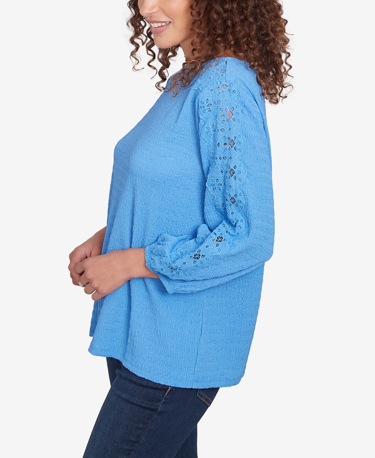 Ruby Rd. Petite Solid Textured Eyelet Sleeve Boat Neck Top In Blue