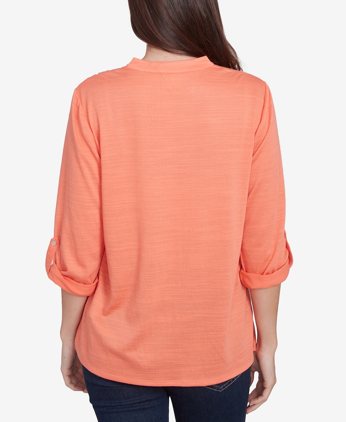 Ruby Rd. Petite Soft Relaxed Textured Trim V-neck Top In Orange Pop