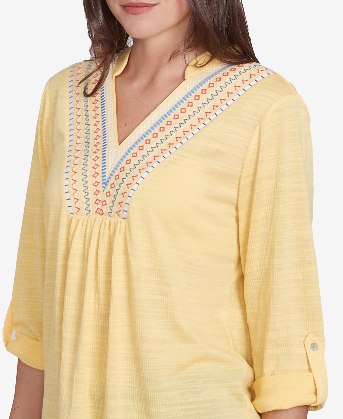 Ruby Rd. Petite Soft Relaxed Textured Trim V-neck Top In Lemon