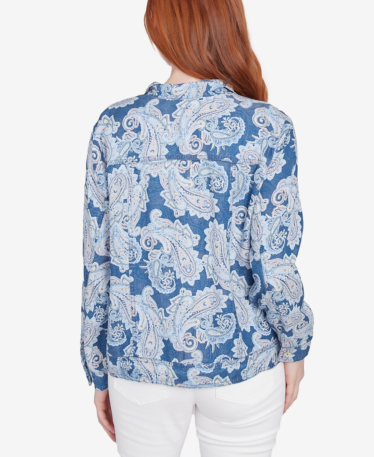 Ruby Rd. Petite Baroque Paisley Soft Button Long Sleeve Jacket In Dark Chambray Multi