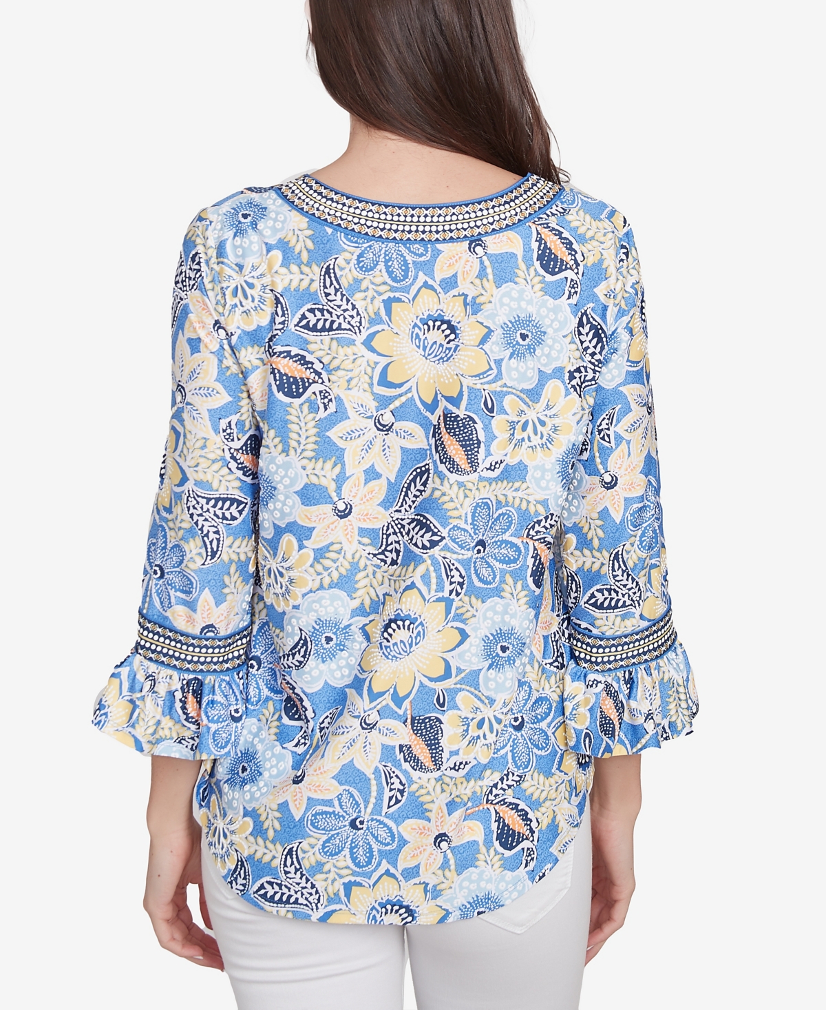 Ruby Rd. Petite Bohemian Floral Puff Print Crew Neck Top In Bluebird Multi