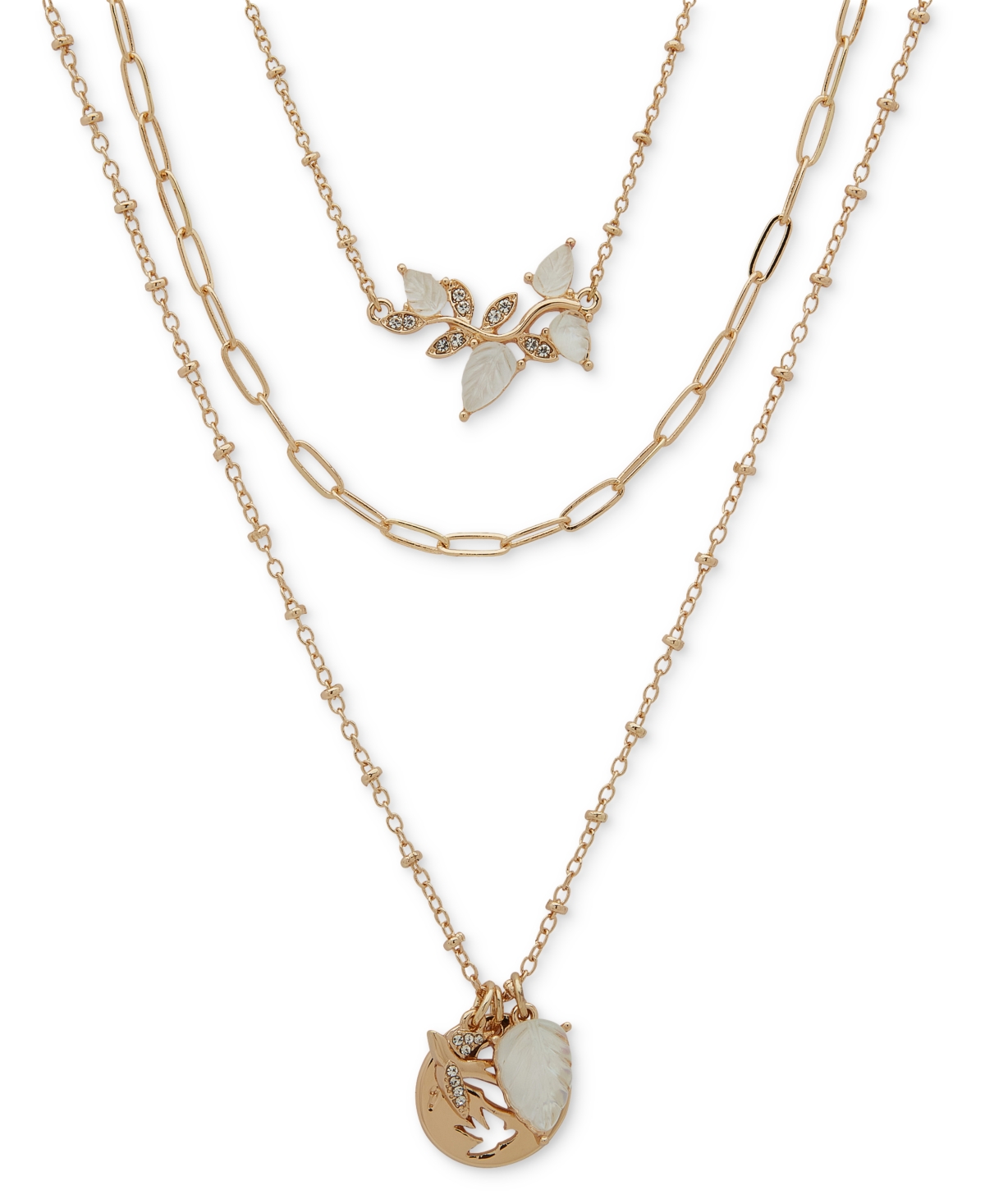 Gold-Tone Pave Bird & Mother-of-Pearl Leaf Layered Pendant Necklace, 16" + 3" extender - Silver