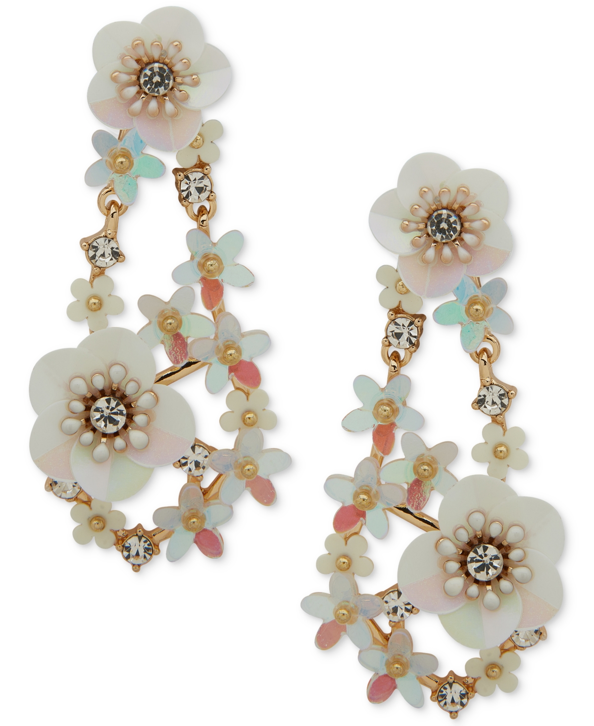 Gold-Tone Mixed Stone Flower Chandelier Earrings - Silver