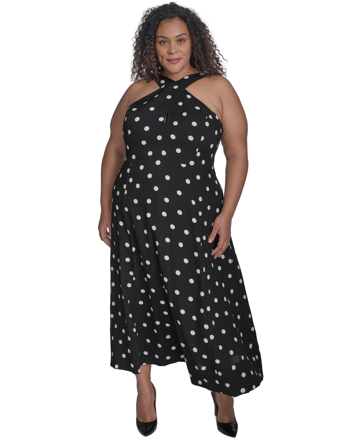 Shop Dkny Plus Size Polka-dot Crisscross Halter Maxi Dress In Black,ivory