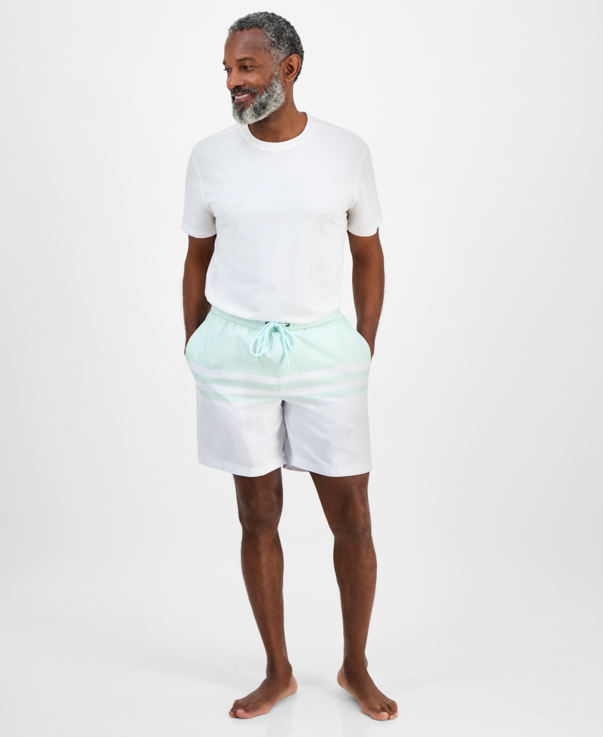 Club Room Men's Quick-dry Performance Colorblocked Stripe 7" Swim Trunks, Created For Macy's In White