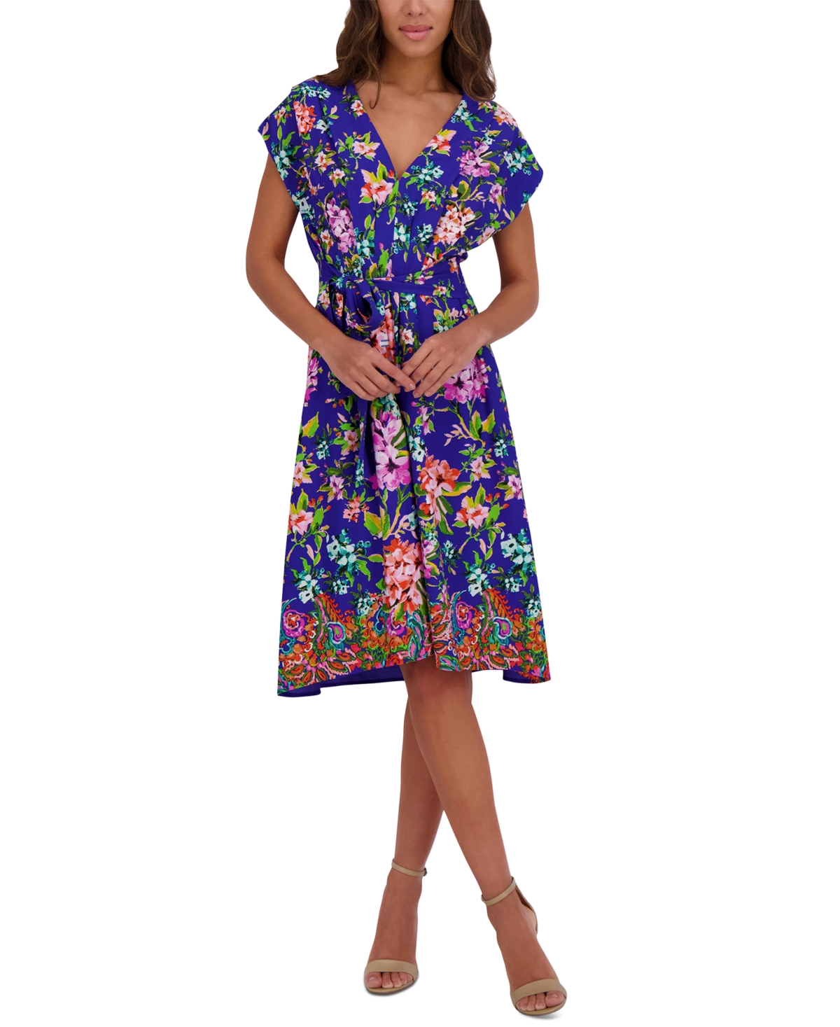 Women's Printed V-Neck Smocked-Back A-Line Dress - Cobalt Multi