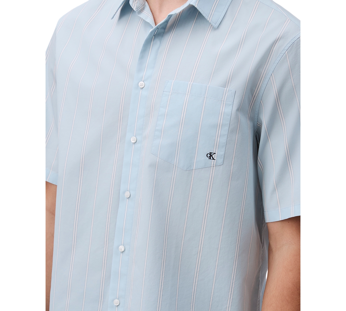 Shop Calvin Klein Men's Relaxed Fit Short Sleeve Poplin Striped Button-front Shirt In Sterling Blue