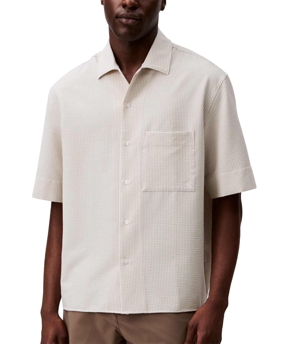 Calvin Klein Men's Relaxed Fit Short Sleeve Seersucker Striped Button-front Shirt In White