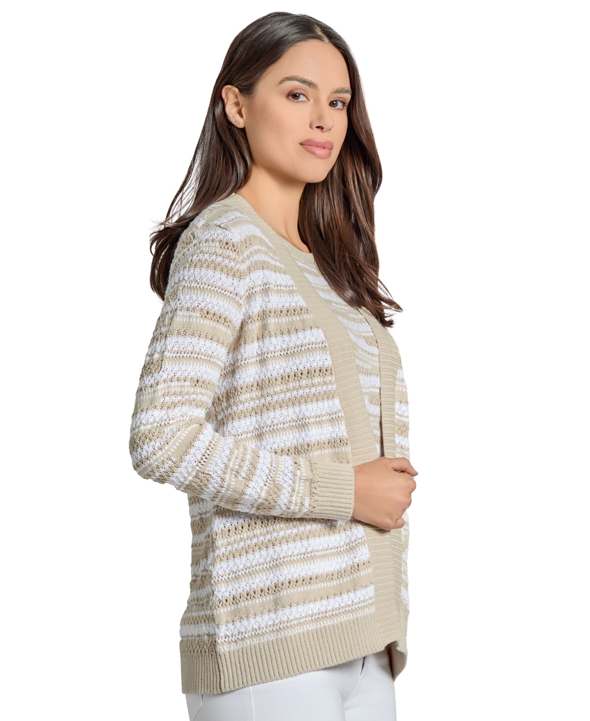 Jones New York Petite Open-front Cardigan In Natural Stone,nyc White