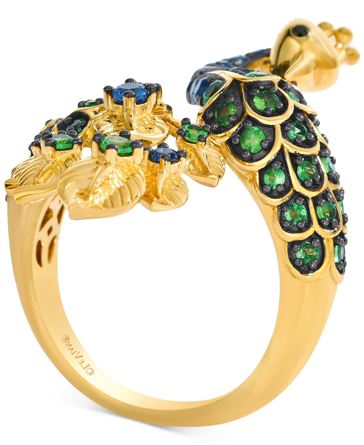 Le Vian Tsavorite (1-1/6 Ct. T.w.), Sapphire (5/8 Ct. T.w.) & Black Diamond Accent Peacock Statement Ring In In Yellow Gold