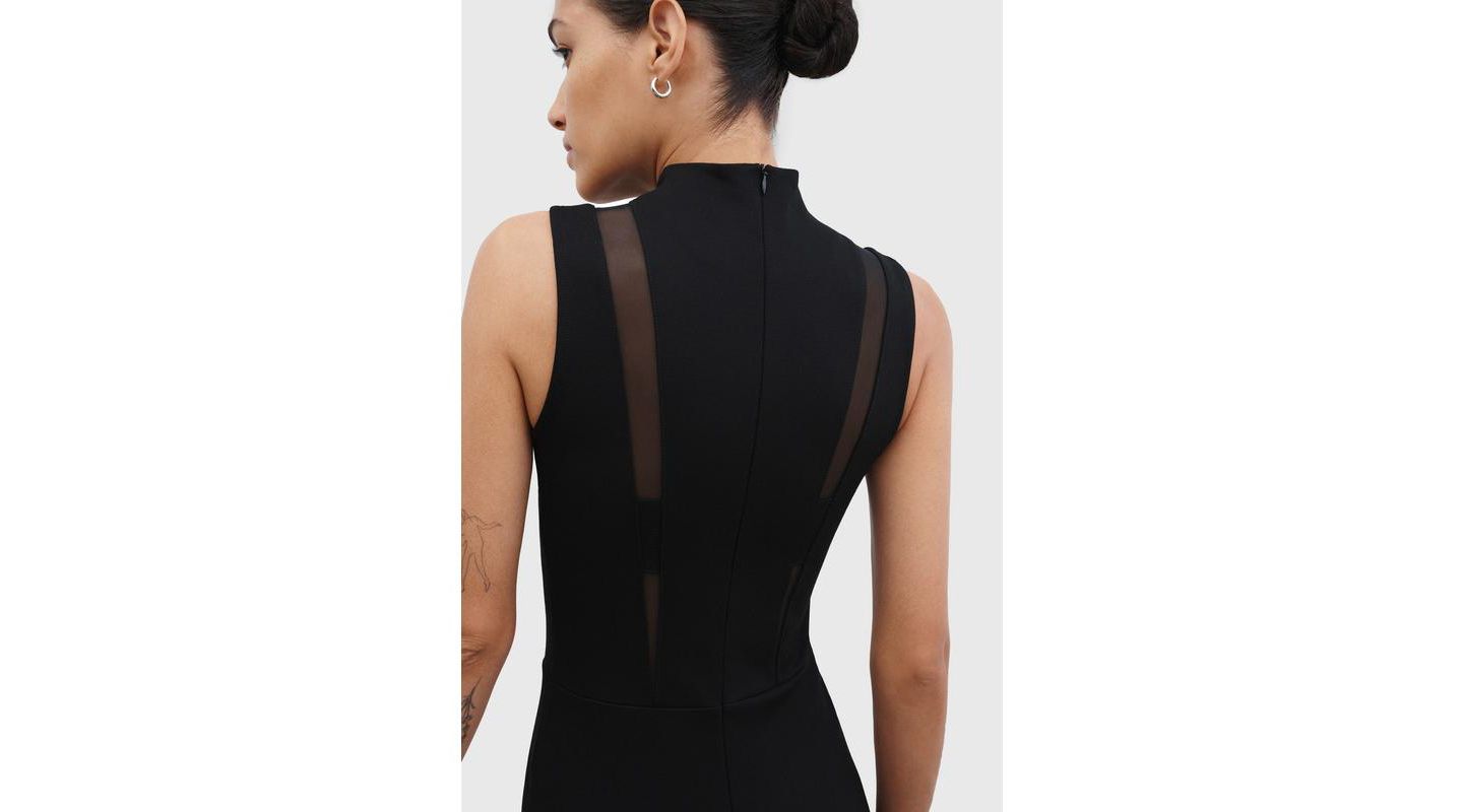 Женское платье Marcella Amelia Mesh-Cutout High-Neck Back-Slit Fitted Evening Midi, цвет: Чёрный — фото 4