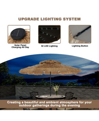 10 ft. Outdoor Double Layer Hawaiian Style Market Umbrella in Brown with Base and 32-Light Beads