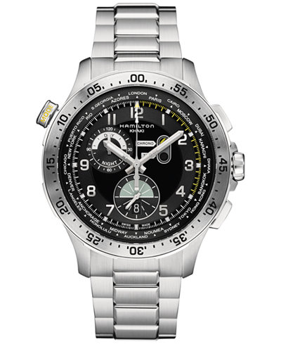 Hamilton Men's Swiss Chronograph Khaki Aviation Worldtimer Stainless Steel Bracelet Watch 45mm H76714135
