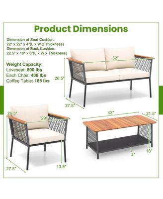 Set of 4 Furniture Set w/2-Tier Coffee Table Acacia Wood Armrests Tabletop