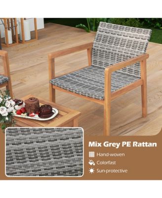 4 Pieces Outdoor Furniture Set Acacia Wood Frame Sofa Set w/ Rattan Seat