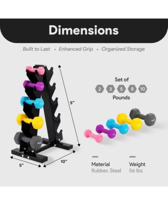 2, 3, 5, 8 & 10 Pound Neoprene Coated Dumbbell Set with Rack