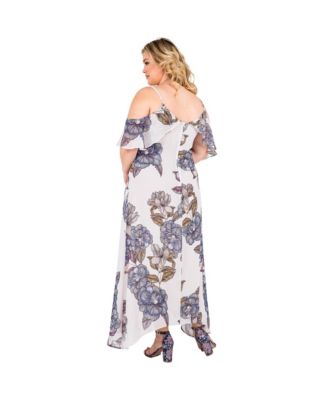Plus Size Women's Floral Chiffon Cold Shoulder Ruffle Dress