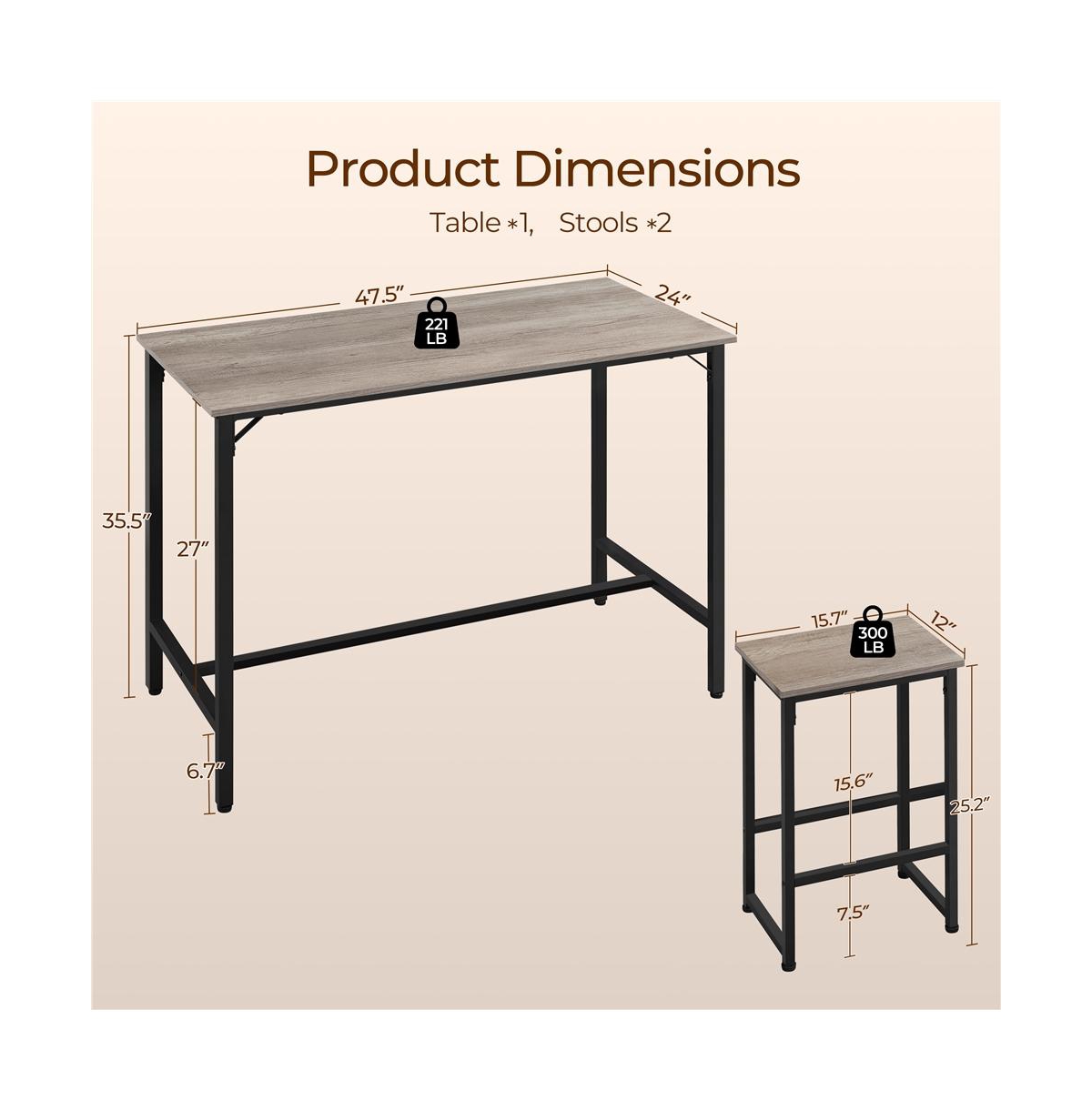 Yaheetech Industrial Counter Height Table Set with 2 Backless Stools