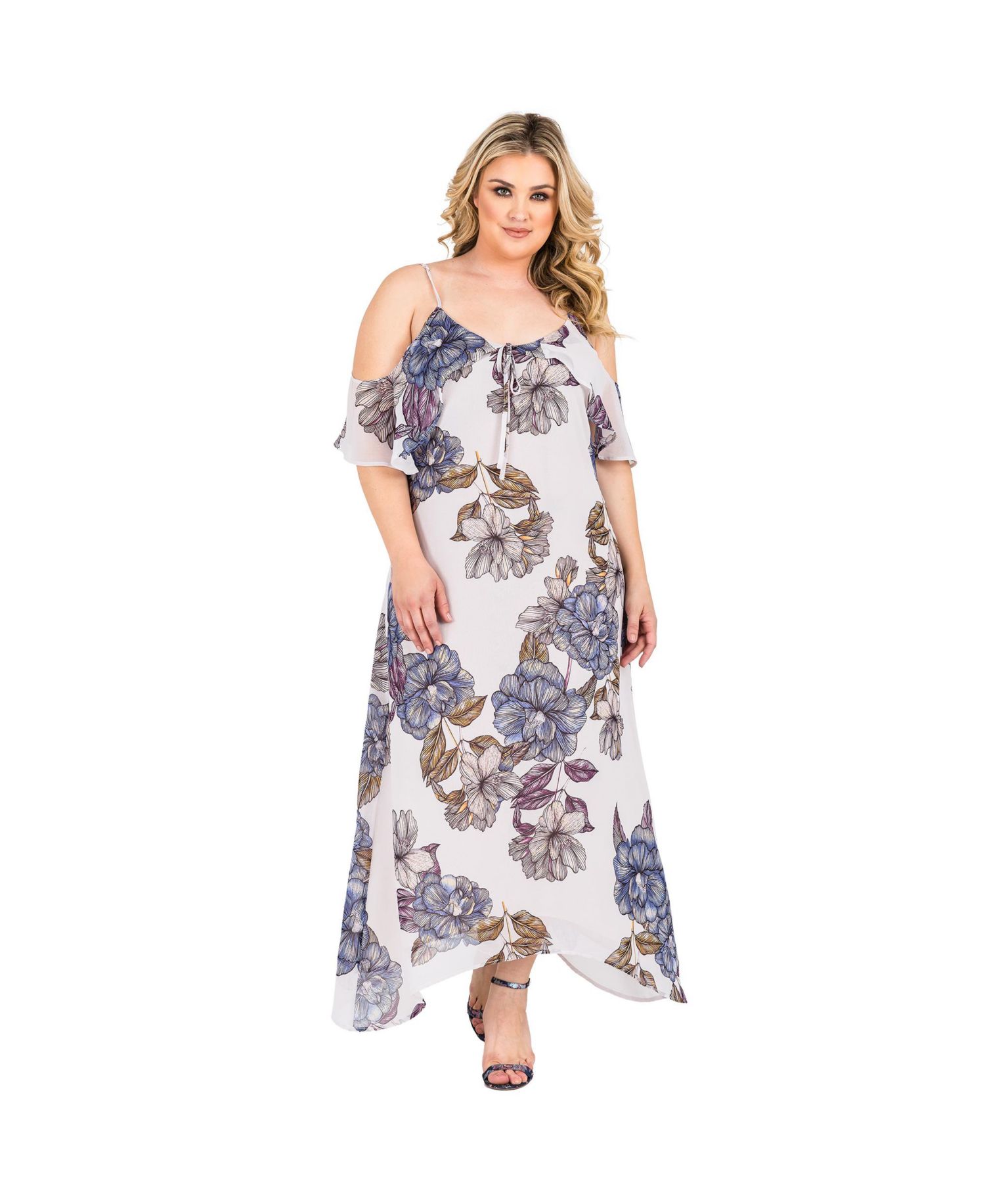 Plus Size Floral Chiffon Cold Shoulder Ruffle Dress