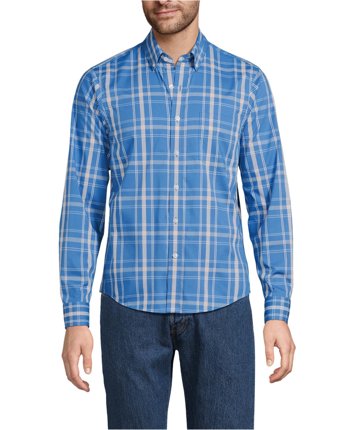 Big & Tall Long Sleeve Travel Kit Shirt - Mariner blue/pale almond plaid