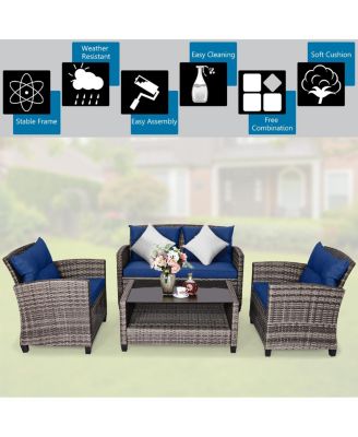 4PCS Rattan Furniture Set Coffee Table Cushioned Sofa Garden Lawn Patio