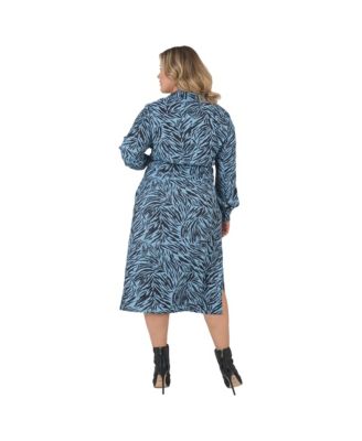 Plus Size Women's Long Sleeve Zebra Print Tie-Front Midi Shirt Dress