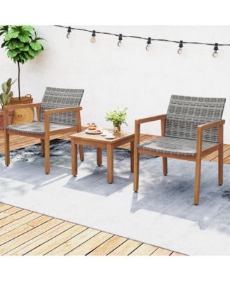 3 Pieces Outdoor Furniture Set Acacia Wood Frame Sofa Set w/ Rattan Seat